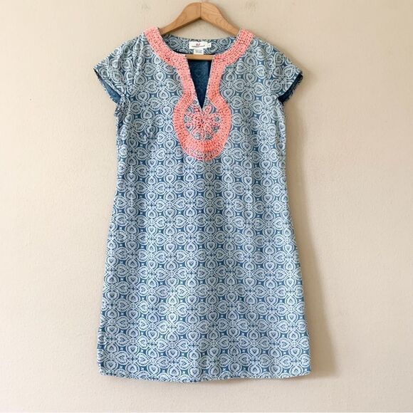 Vineyard Vines Linen Blend Tile Indigo Print Embroidered Mini Dress - Picture 2 of 6